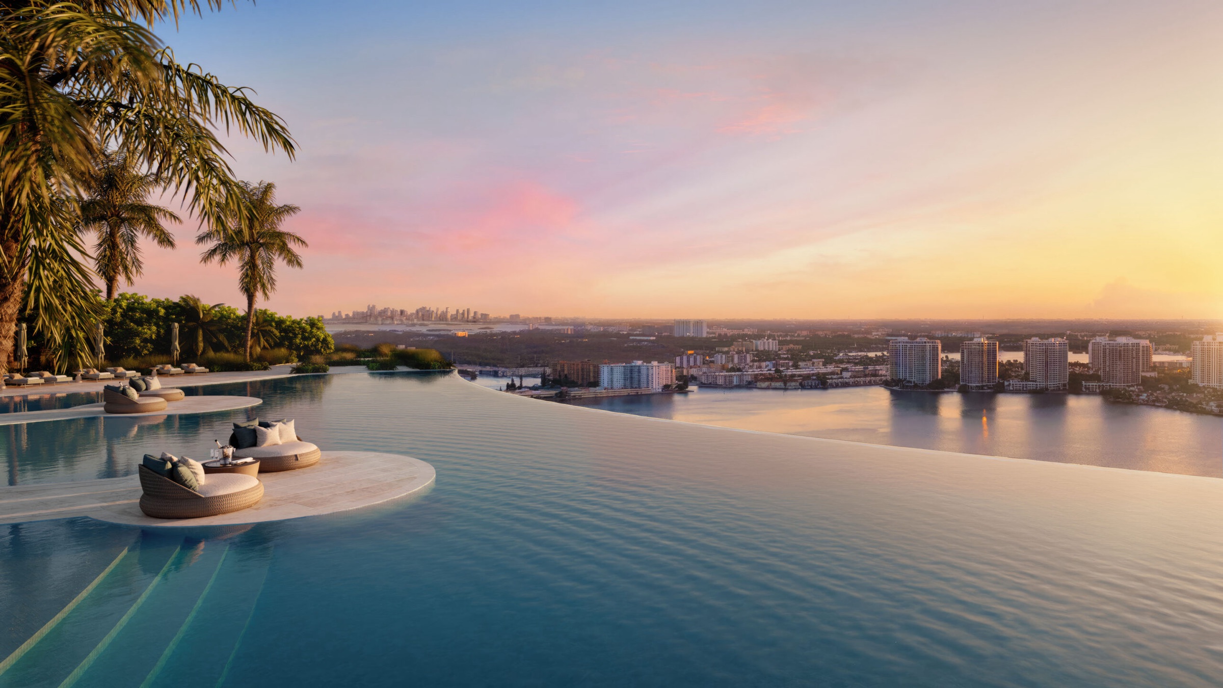 The infinity-edge pool at dusk