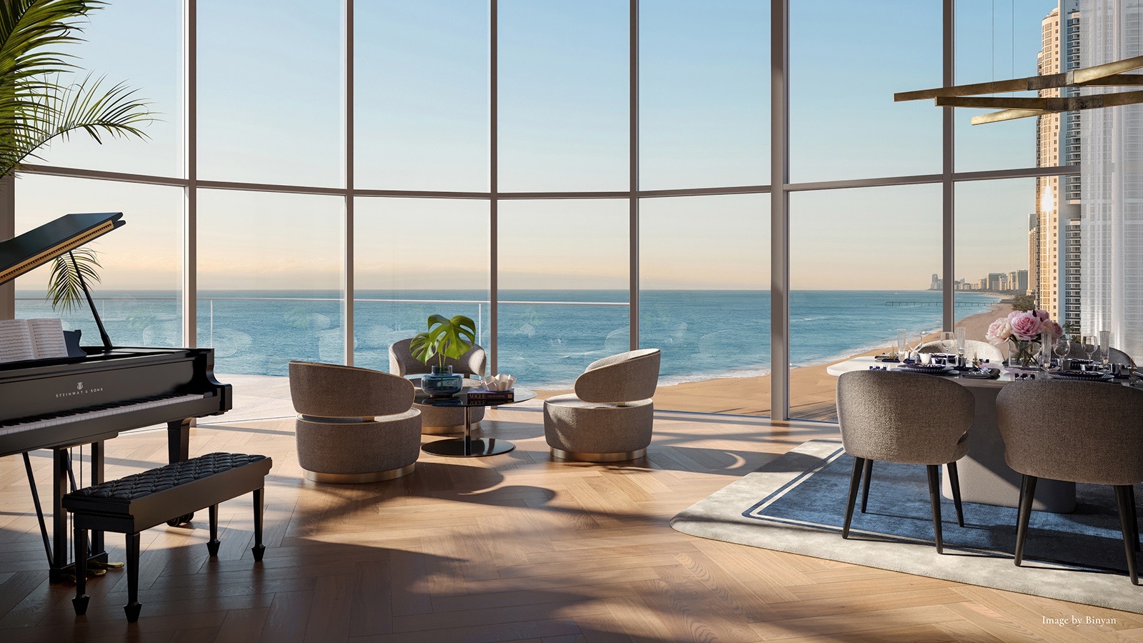 Corner living room with a grand piano
